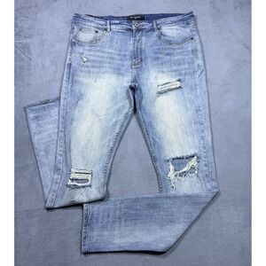 Serenade Jeans Mens 36x33 Skinny Stretch Denim Distressed Tapered Light Wash